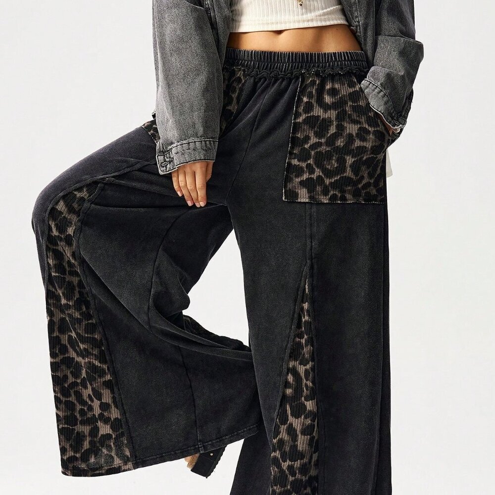 Black Casual Women's Patchwork Leopard Print Knit Wide Leg Pants